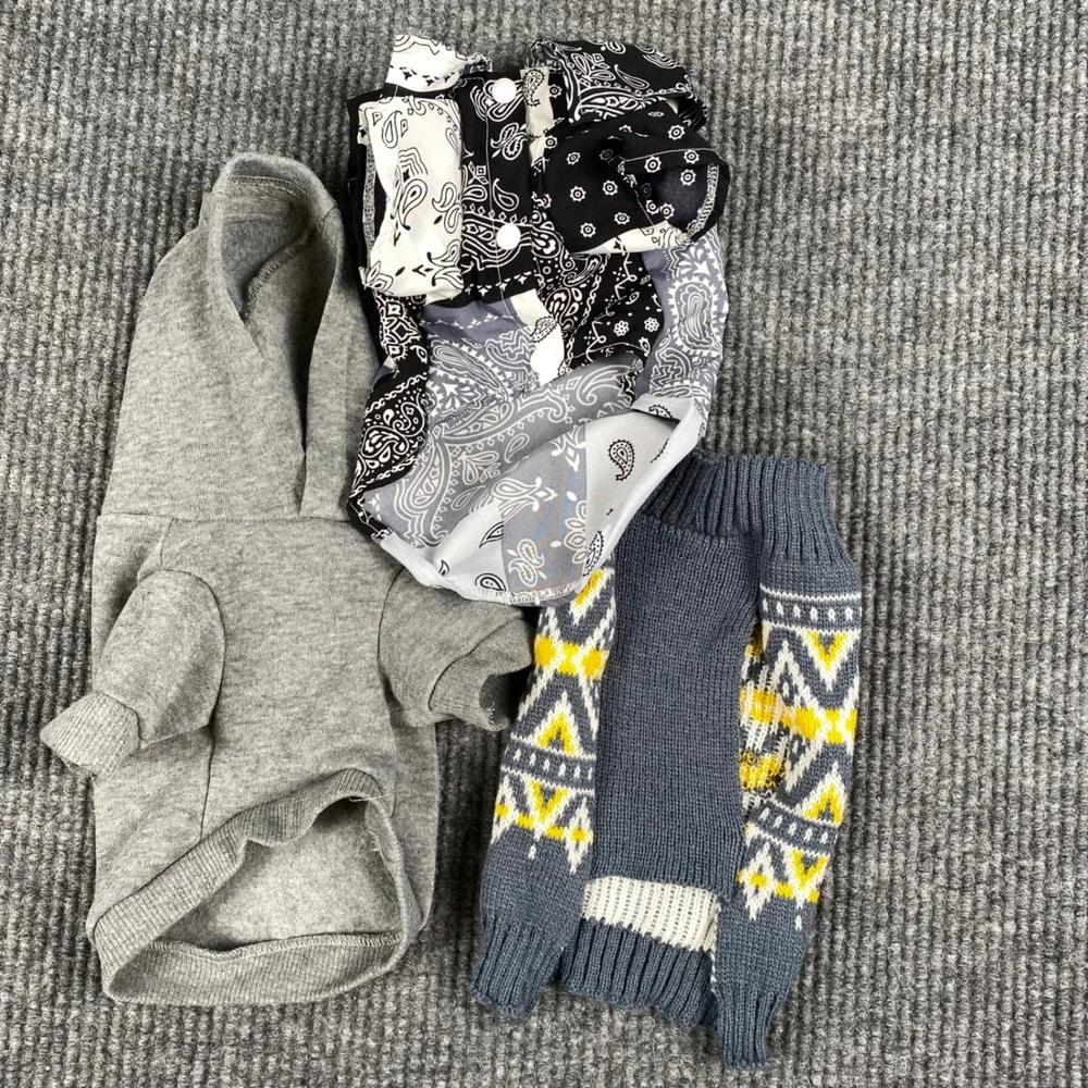 Petsin Small Pet Apparel Bundle Gray Hoodie Bandana Shirt Fair Isle Sweater 3pc